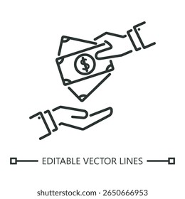 Desenho de linha de pagamento à vista mostrando uma mão passando dinheiro para outra, ideal para conceitos financeiros, orçamento, transações, economia e pagamentos.