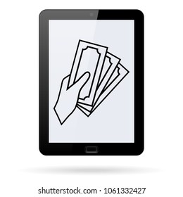 Cash payment line vector icon, human hands holding money