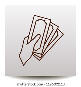 Cash payment line vector icon, human hands holding moneyon a realistic paper background with shadow.  Illustration on a flat design style
