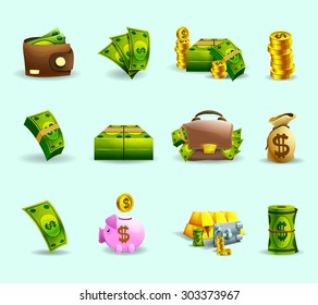 Cash payment methods flat icons set with savings sack symbol and green banknotes abstract vector isolated illustration