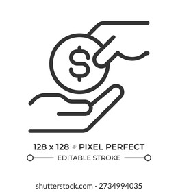 Cash payment pixel perfect line icon. Hand giving coin. Financial aid. Money transaction. Poor supporting. Isolated vector illustration. Outline symbol. Simple linear drawing. Editable stroke
