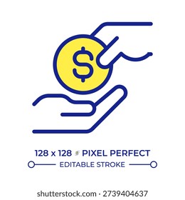 Cash payment pixel perfect line color icon. Hand giving coin. Financial aid. Money transaction. Poor supporting. Isolated vector illustration. Flat colorful symbol design. Editable stroke