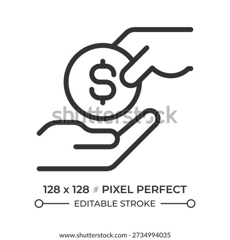 Cash payment pixel perfect line icon. Hand giving coin. Financial aid. Money transaction. Poor supporting. Isolated vector illustration. Outline symbol. Simple linear drawing. Editable stroke