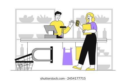 Pago en efectivo en tienda simple. Mujer con bolsa de compras con comestibles cerca de la caja registradora. Ocupación y comercio minorista. Vendedor y comprador en el mercado o tienda. Doodle Ilustración vectorial plana