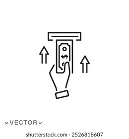 pagamento em dinheiro no ícone do terminal, depositando dinheiro, inserir uma fatura, pagamento de serviços, reposição de conta, símbolo de linha fina isolado no fundo branco, traço editável eps 10 vetor