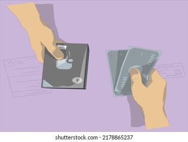 Cash payment terminal and take away a chocolate. Hand receiving money from businessman. Man Gives Money From Purse to Seller. Shop Assistant Hand Takes Cash.