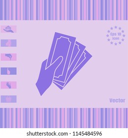 Cash payment vector icon, human hands holding money.  Flat designe style illustration