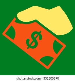 Cash Payment vector icon. Style is flat bicolor orange and yellow symbol, rounded angles, green background.