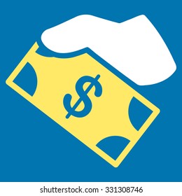 Cash Payment vector icon. Style is flat bicolor yellow and white symbol, rounded angles, blue background.