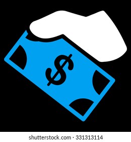 Cash Payment vector icon. Style is flat bicolor blue and white symbol, rounded angles, black background.