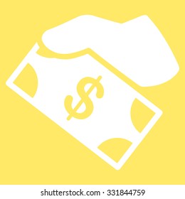 Cash Payment vector icon. Style is flat white symbol, rounded angles, yellow background.