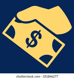 Cash Payment vector icon. Style is flat yellow symbol, rounded angles, blue background.