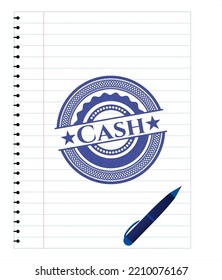 Cash with pen strokes. Blue ink. Vector Illustration. Detailed. 