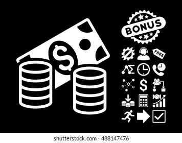 Cash pictograph with bonus elements. Vector illustration style is flat iconic symbols, white color, black background.