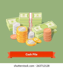 Cash pile. Stacked dollar packs and coins. Treasure concept illustration. Flat style vector illustration. 