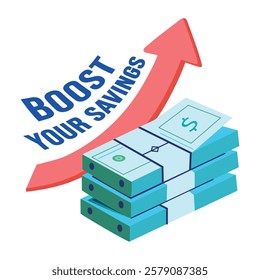 Cash pile with text boost your savings, flat sticker 