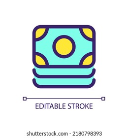 Cash pixel perfect RGB color ui icon. Paper money bundle. Pile of banknotes. Simple filled line element. GUI, UX design for mobile app. Vector isolated pictogram. Editable stroke. Arial font used