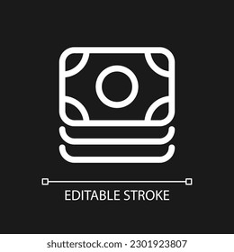 Cash pixel perfect white linear ui icon for dark theme. Pile of banknotes. Financial transaction. Vector line pictogram. Isolated user interface symbol for night mode. Editable stroke. Arial font used