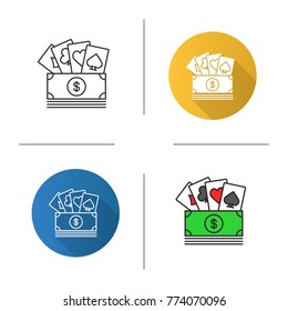 Cash with playing cards icon. Flat design, linear and color styles. Real money casino. Isolated vector illustrations