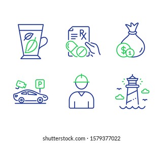 Cash, Prescription drugs and Mint leaves line icons set. Parking security, Engineer and Lighthouse signs. Banking currency, Pills, Mentha leaf. Video camera. Line cash outline icons. Vector