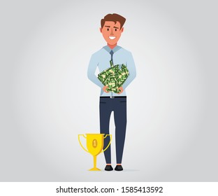 Cash prize winner concept vector. Business man with money in hand and first prize trophy near him. Victory illustration with money and trophy.