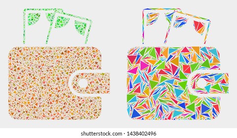 Cash purse mosaic icon of triangle items which have variable sizes and shapes and colors. Geometric abstract vector design concept of cash purse.
