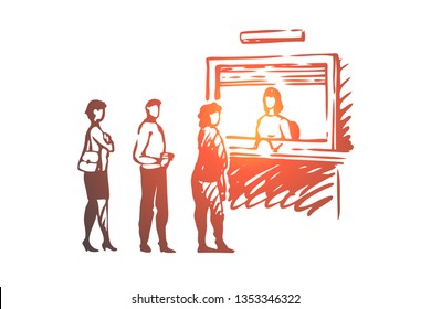Cash, queue, people, service, line concept. Hand drawn people waiting in queue to cash concept sketch. Isolated vector illustration.
