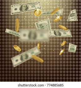 Cash. Realistic gold coins with the bills sign dollars.