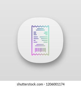 Cash receipt app icon. UI/UX user interface. Paper check. Bill. Web or mobile application. Vector isolated illustration