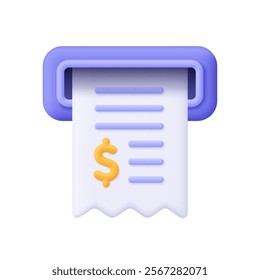 Cash receipt, bill check or invoice poked out of ATM or cash register. Finance, banking and ATM payment transaction concept. 3d vector icon. Cartoon minimal style.