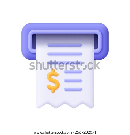 Cash receipt, bill check or invoice poked out of ATM or cash register. Finance, banking and ATM payment transaction concept. 3d vector icon. Cartoon minimal style.