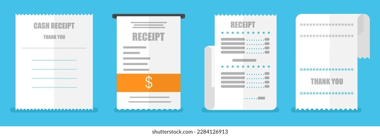 Cash receipt collection in a flat design. Paper receipt in a flat design. Bill receipt