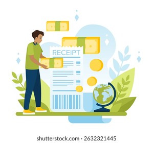 Um recibo de pagamento à vista é uma confirmação de pagamento. Armazenando dados de pagamento para todas as transações. Atitude cuidadosa e econômica em relação a dinheiro e despesas. Economia. Ilustração de vetor plano em estilo cartoon