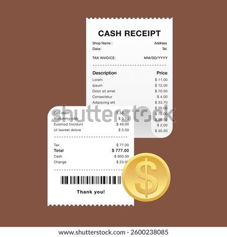 Cash Receipt with Folded Corner and Gold Coin Symbol on Brown Background Vector Illustration