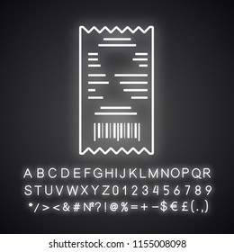 Cash receipt neon light icon. Paper check. Bill. Glowing sign with alphabet, numbers and symbols. Vector isolated illustration