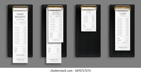 Cash receipt on black clipboard, purchase bill invoice, supermarket shopping retail sum check and total cost store sale payment, payment blank isolated on grey background. Realistic 3d vector set