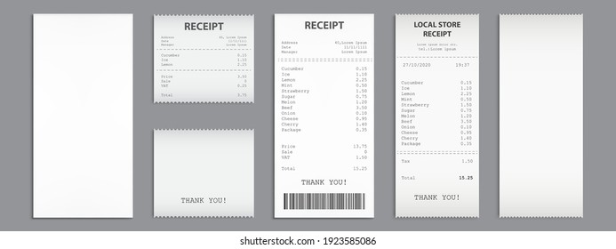Cash receipt on clipboard, purchase bill invoice, supermarket shopping retail sum check and total cost store sale payment, empty and filled blank isolated on grey background. Realistic 3d vector set