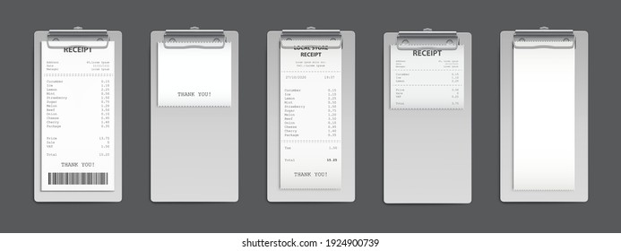 Cash receipt on clipboard, purchase bill invoice, supermarket shopping retail sum check and total cost store sale payment, empty and filled blank isolated on grey background. Realistic 3d vector set