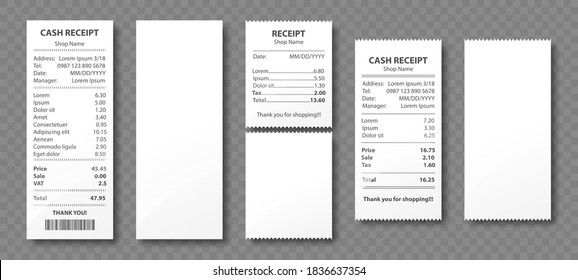 Cash receipt, paper bill, purchase invoice, supermarket shopping retail sum check and total cost store sale payment, empty and filled blank isolated on transparent background. Realistic 3d vector set