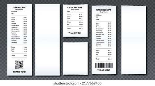 Cash receipt set. Collection of checks purchases and banking transactions. Estimation of income and expenses on copy space. Realistic flat vector illustrations isolated on transparent background