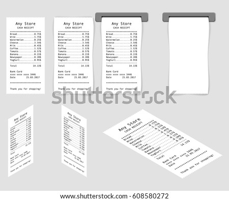 Cash receipt set made in realistic style with shadow. Vector illustration