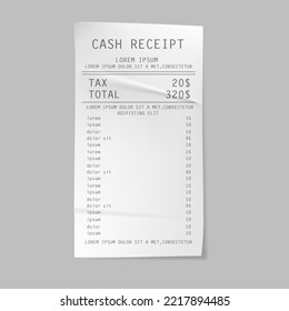 Recibo de efectivo, cheque minorista de compras en supermercados. Factura de compra, factura de papel de caja. Vector rellenado cheque en blanco de recepción de tienda 3D realista. Suma comercial de supermercados