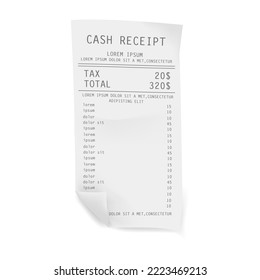 Cash receipt from supermarket with tax and total sum. Vector register sale receipt print on paper. Realistic financial atm transaction check