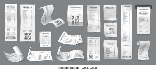 Cash receipts. Supermarket or shop purchase payment bill, banking invoice or money transaction finance 3d realistic vector document. Store order or hotel checkout, ATM and POS terminal check print