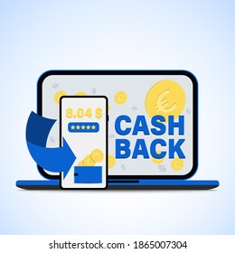 Cash refund for purchase from smartphone app. Cash back flat vector concept of loyalty program campaign, money refund. vector illustration.
