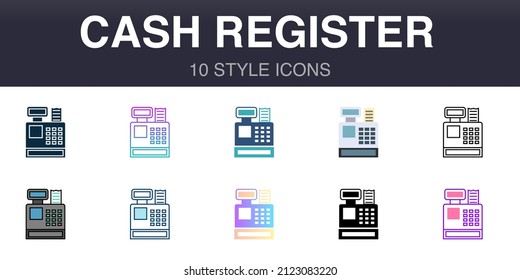 Cash register 10 style universal icons, line, outline, simple, flat, filled, two coloured, gradient elements