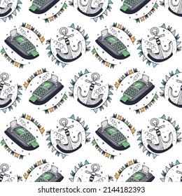 Cash register and Anchor. Seamless pattern on a white background. Cute vector illustration.