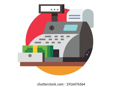 Cash register with banknotes and check. Money and finance, equipment counter, commercial service, checkout machine. Vector illustration isolated on white.