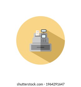 Registro de efectivo. Máquina de cajero. Icono plano en círculo. Ilustración de vector de comercio