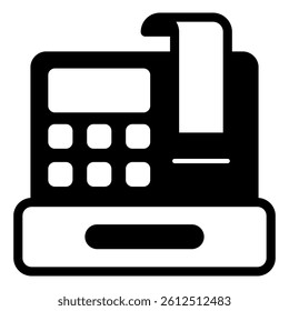 Cash register with check bill solid icon, shopping purchase concept. Vector graphics. Money safe device sign on white background, glyph style mobile or design